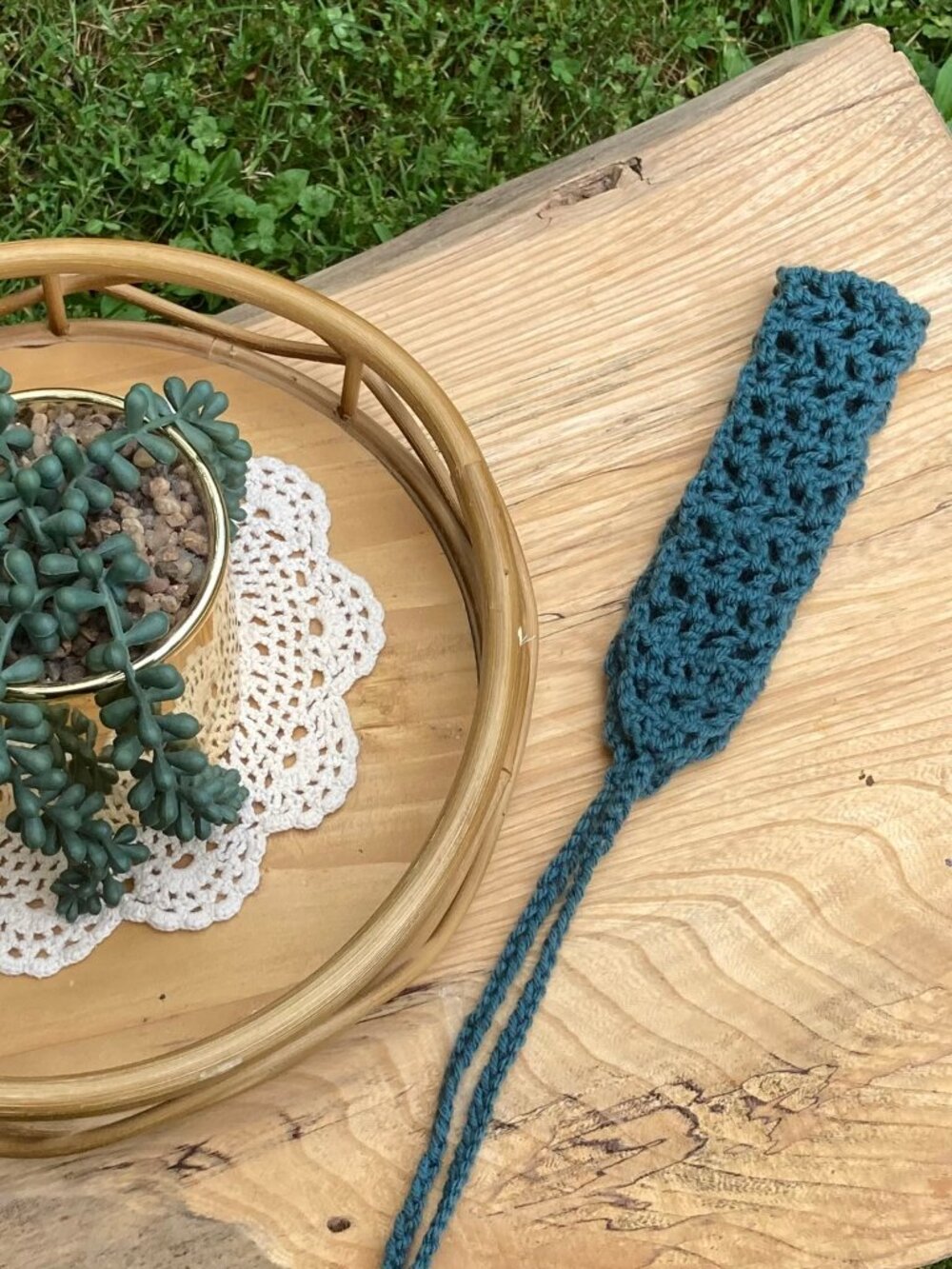Handmade Crochet Tie Back Headband Adult Teal Seafoam Blue Green Hair Band